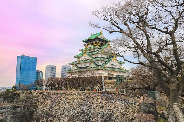 Osaka-slottets vita huvudtorn med gröna tak och gulddekor bakom stenmurar, med glasfasader från kontorshus till vänster